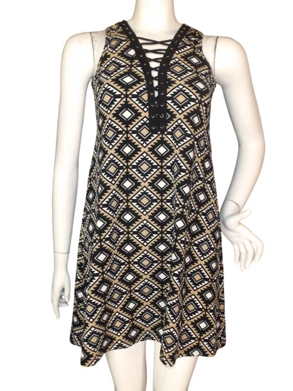 JODY Dress, S, Geometric, Tan/Black, Mini, Lace-up Neckline, Sleeveless, Stretch
